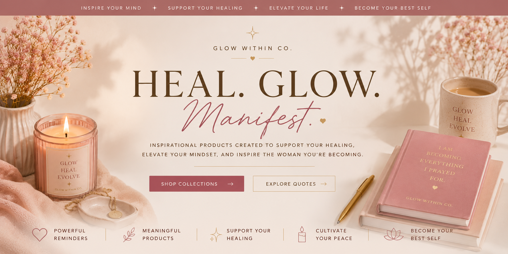 Glow Within Co. website homepage with a candle, notebook, and pen on a blurred background.